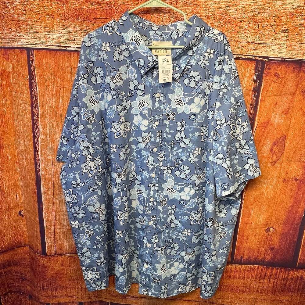 True Nation by DXL Big & Tall Blue Floral Short Sleeve Button-Down Shirt 5XL